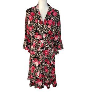 Brigette Brianna Floral Animal Print Robe Women L? Ruffle Sleeve Hem USA